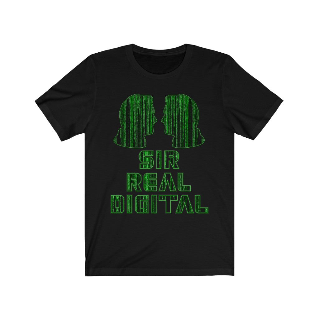 MATRIX SILHOUETTE - Black T-Shirt with green digitised typographic design. "SIR REAL DIGITAL..." Created by Sir Real Words for Sir Real Digital.