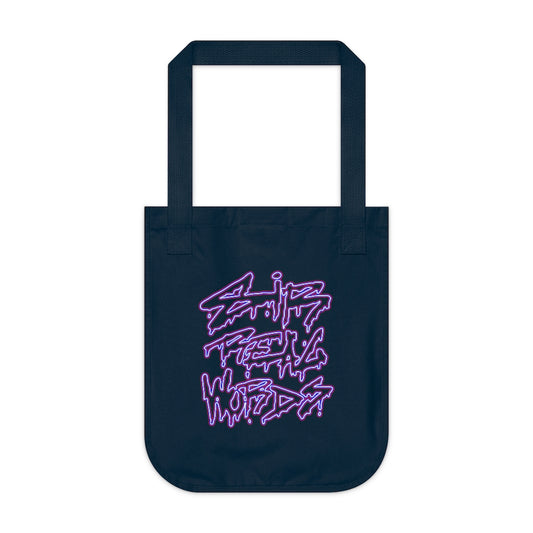 S.R.W NEON - Navy Canvas Tote Bag with Sir Real Words black ink logo written large with blue and red strokes. Giving the impression of a purple neon effect. Designed by Sir Real Words for Sir Real Digital.