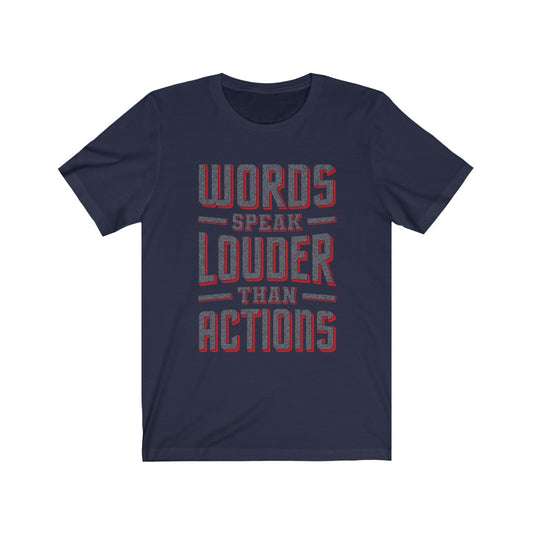WORDS SPEAK LOUDER - Navy organic canvas tote bag with “words speak than than actions” written large from top to bottom. Designed by Sir Real Words for Sir Real Digital.