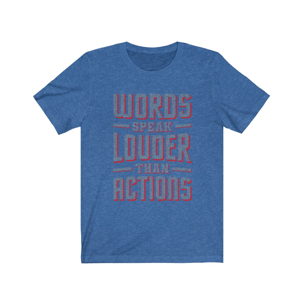 WORDS SPEAK LOUDER - Blue organic canvas tote bag with “words speak than than actions” written large from top to bottom. Designed by Sir Real Words for Sir Real Digital.