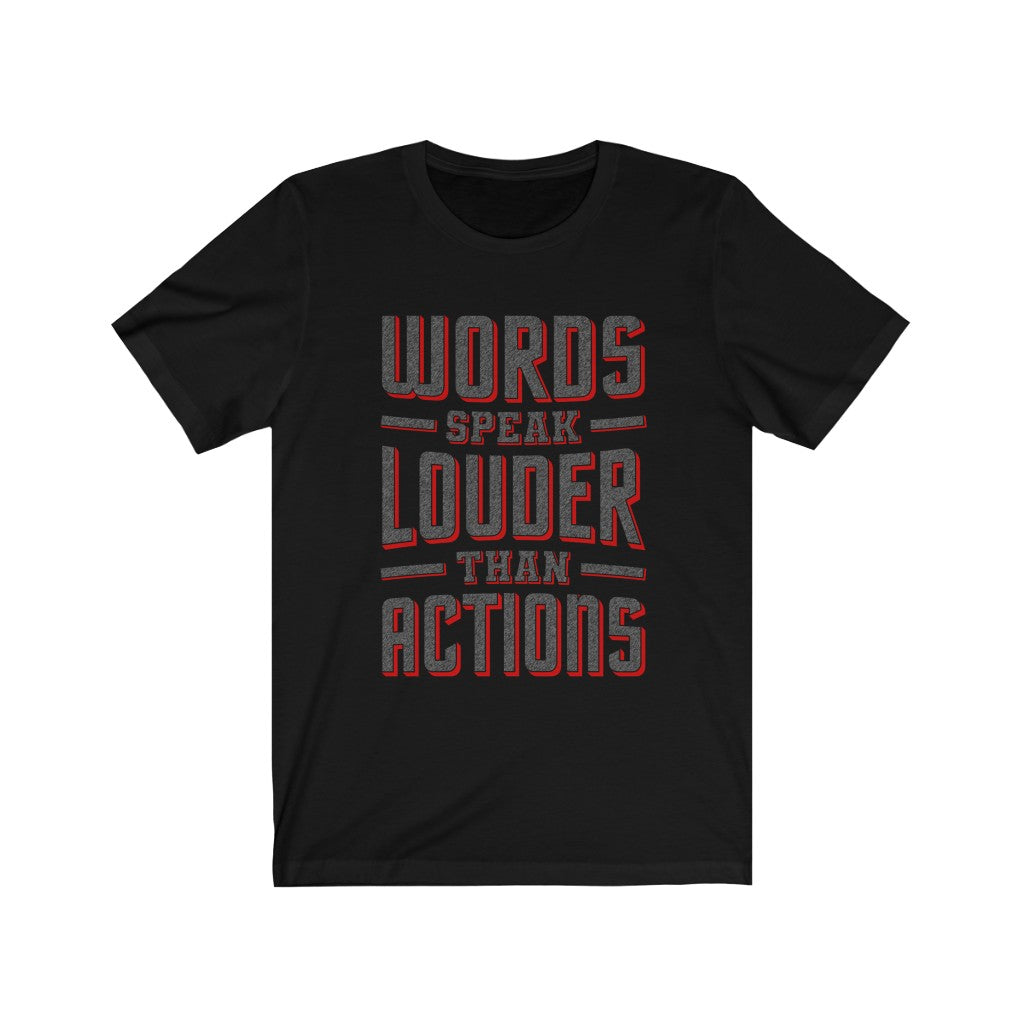 WORDS SPEAK LOUDER - Black organic canvas tote bag with “words speak than than actions” written large from top to bottom. Designed by Sir Real Words for Sir Real Digital.
