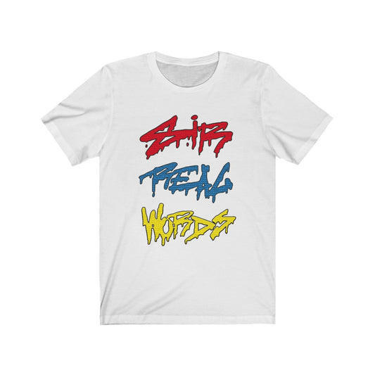 SIR REAL WORDS - White T-shirt with a red, blue and yellow coloured typographic design. Branded logo designed by Sir Real Words for Sir Real Digital.