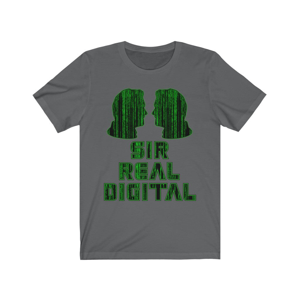 MATRIX SILHOUETTE - Asphalt T-Shirt with green digitised typographic design. "SIR REAL DIGITAL..." Created by Sir Real Words for Sir Real Digital.